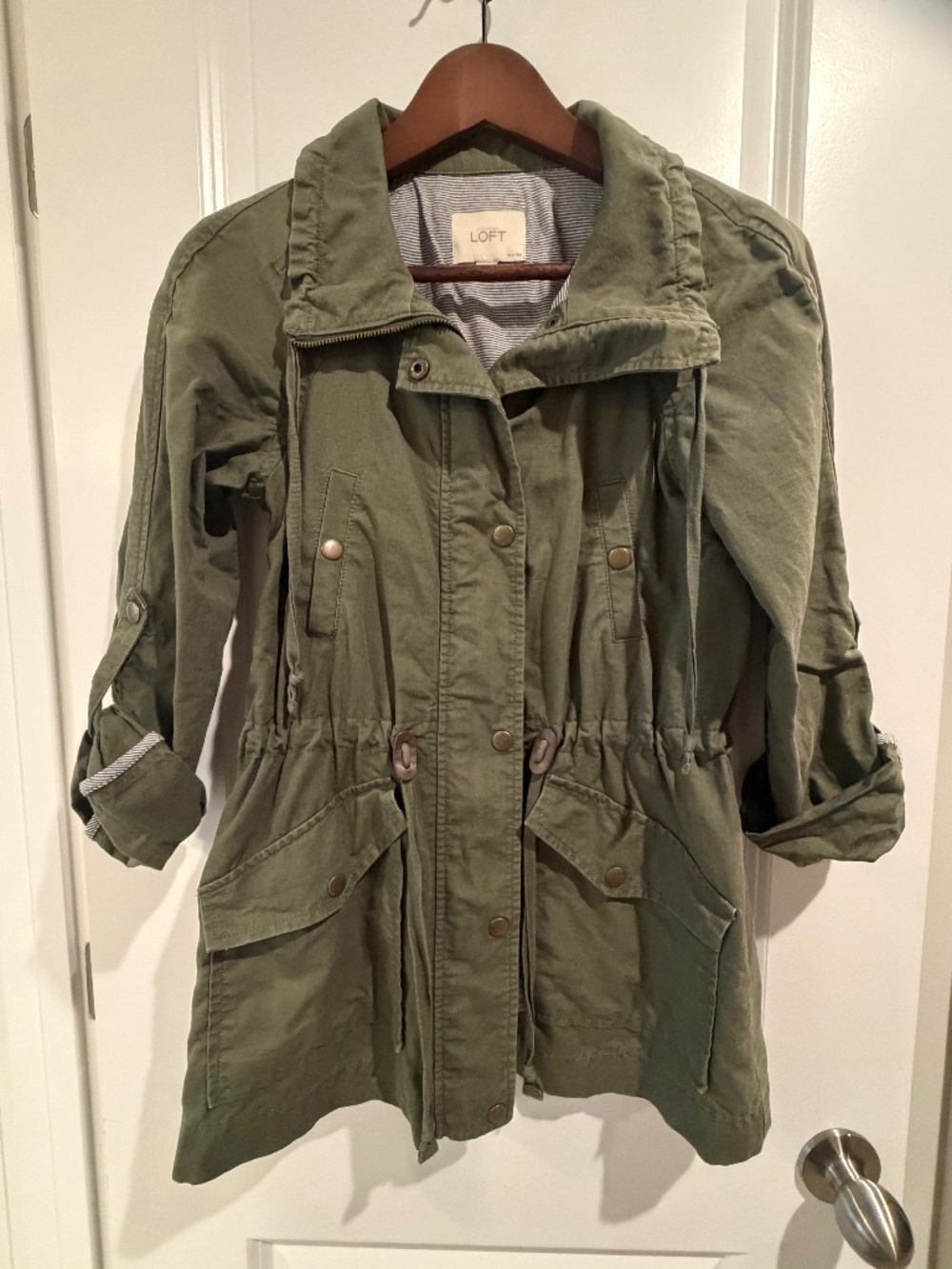 LOFT Petites Olive Green Cotton Linen Utility Jacket - XXSP